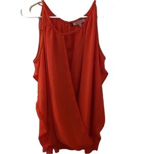 Jennifer Lopez large orange faux wrap sleeveless top,cold shoulder gold detail